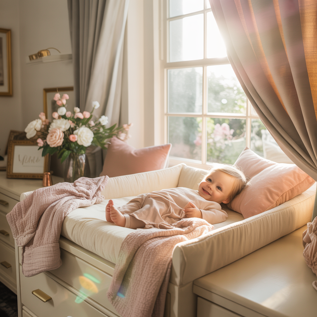 Bright warm daytime nursery with sunlight and soft cream decor