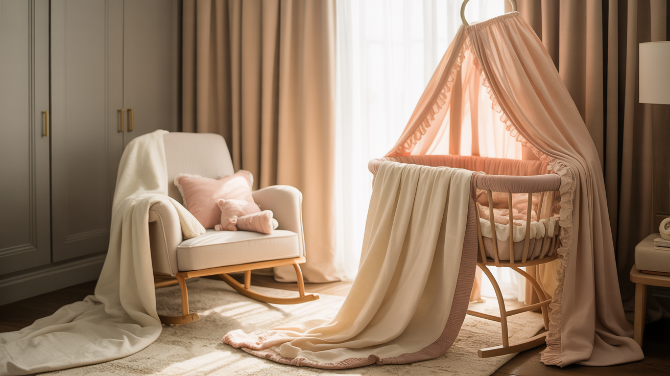 Serene nursery with soft golden light and cozy bassinet